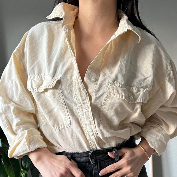 Vtg 90s minimlist button down blouse cotton ramie Oversized Long Sleeve Medium - Picture 1 of 10